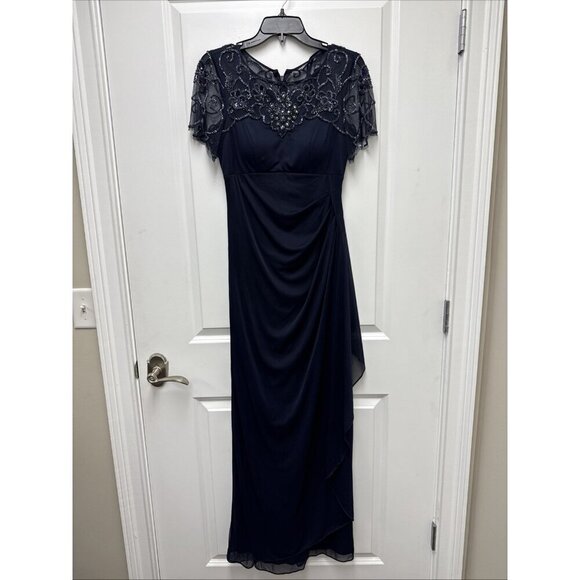 Xscape Womens Size 4 Navy Blue Ruched Embellished Formal Evening Dress Gown - Picture 3 of 12